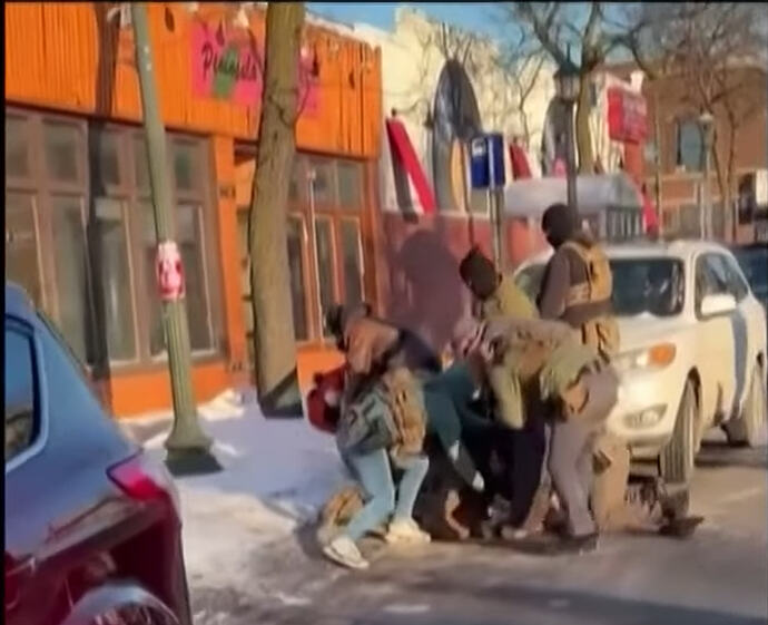 Fascist thug ICE pins the victim to the ground, hits his head, and fires 9 shots at him