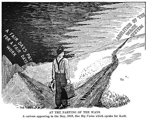 IWW propaganda about the路线斗争. The left dark path is AFL’s “A fair day’s work for a fair day’s wage”; the right sunny path is IWW’s “Abolish the wage system!”