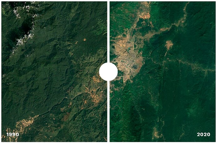 卫星影像显示，过去三十年间，帕甘镇的地貌因为翡翠开采而发生了巨大变化。1990年图像来源：Google Earth，Landsat/Copernicus；2020年图像来源 © Maxar Technologies，CNES/Airbus